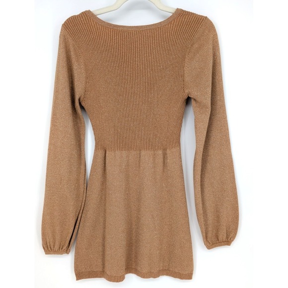 VTG Y2K Charlotte Russe Gold Metallic Babydoll Ribbed Balloon Sleeve Knit Top L - Picture 4 of 15